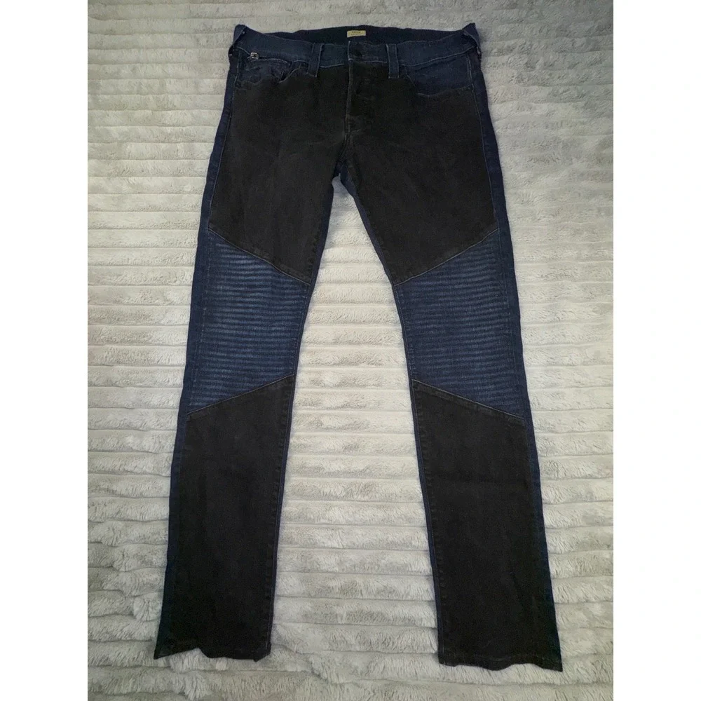 True Religion Mens 38 Rocco Classic Slim Moto Jeans Blue Black Ribbed‎ 36x33